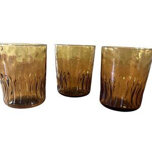 Vintage Set Of 3 Amber Crinkle Tumblers Lowball Whiskey Glass MCM 4”Tall